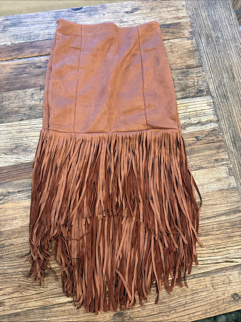 Fringed Faux Suede Midi Skirt in Rust